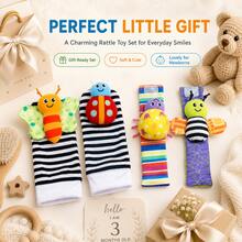 4pcs Infant Wrist Rattle & Socks Set, Cute Insect Design, Baby Shower Gift - Striped Socks 4-piece Set - View 11