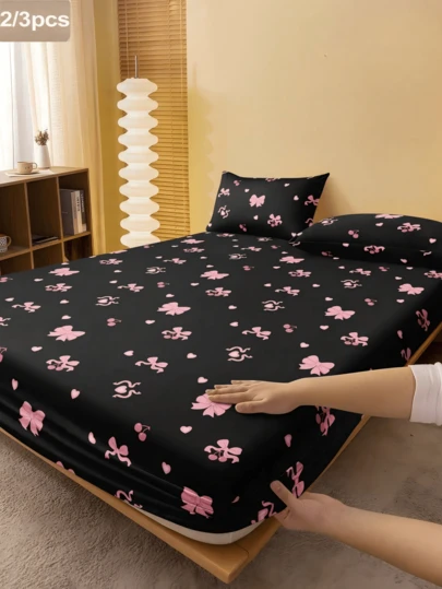 2/3pcs Butterfly & Cherry Heart Pattern Bedding Set (1pc Bed Sheet + 1/2pcs Pillowcase), Mattress Protector, Soft & Breathable, Fits All Bed Sizes - Double, Full, Queen, Standard, Fitted Sheet Depth Up To 11.8 Inches, Home Textile