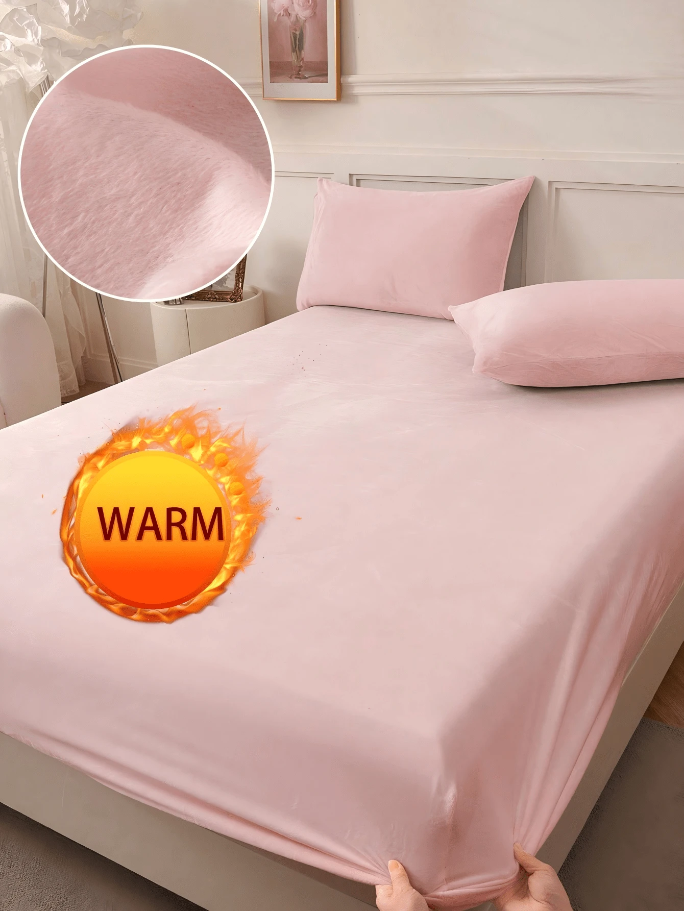 1pc Velvet Fitted Sheet, Christmas Bedding, Solid Color Fitted Sheet, Soft & Comfortable, Bedding Gift, Suitable For Autumn/Winter, Deep Pocket Design, Includes Fitted Sheet Only, Dust & Slip Resistant, Machine Washable, Suitable For Twin, Full, Queen, King Size Beds - Baby Pink - View 1