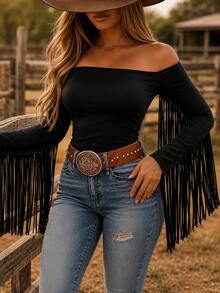 Women's Western Cowgirl Off-Shoulder Fringe Top, Sexy Slim Fit Long Sleeve, Soft Breathable Vintage For Festival Party & Daily Casual Wear - 黑色 - 查看 7