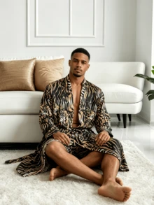 QING ROU 2-Piece Men's Sleepwear Set With Long Robe And Shorts, Tiger Patterned Ice Silk Bathrobe, Suitable For Home Wear, Leisure And Vacation - Multicolor - View 8