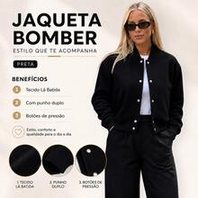 Women's Premium Wool Bomber Jacket With Double Cuffs And Snap Buttons - Casual Autumn And Winter Coat - 黑色 - 查看 3