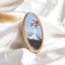 1pc Metal Fridge Magnet, Oval Vintage Decor Magnet With Snowy Mountain Painting, Handcrafted Rhinestone Embellished Fridge Magnet, Perfect Gift, Home Decor! - one-size - View 9