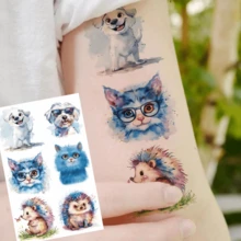 10入水彩可愛動物臨時紋身貼紙 獅子、蟒蛇、猴子、刺蝟、蜂鳥 多款組合叢林森林動物圖案 生日派對小禮物 - 彩色 - 查看 3
