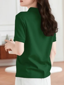 女款大尺碼經典 Polo 衫 素色短袖修身休閒日常基礎 T-shirt 上衣 - 墨綠色 - 查看 3