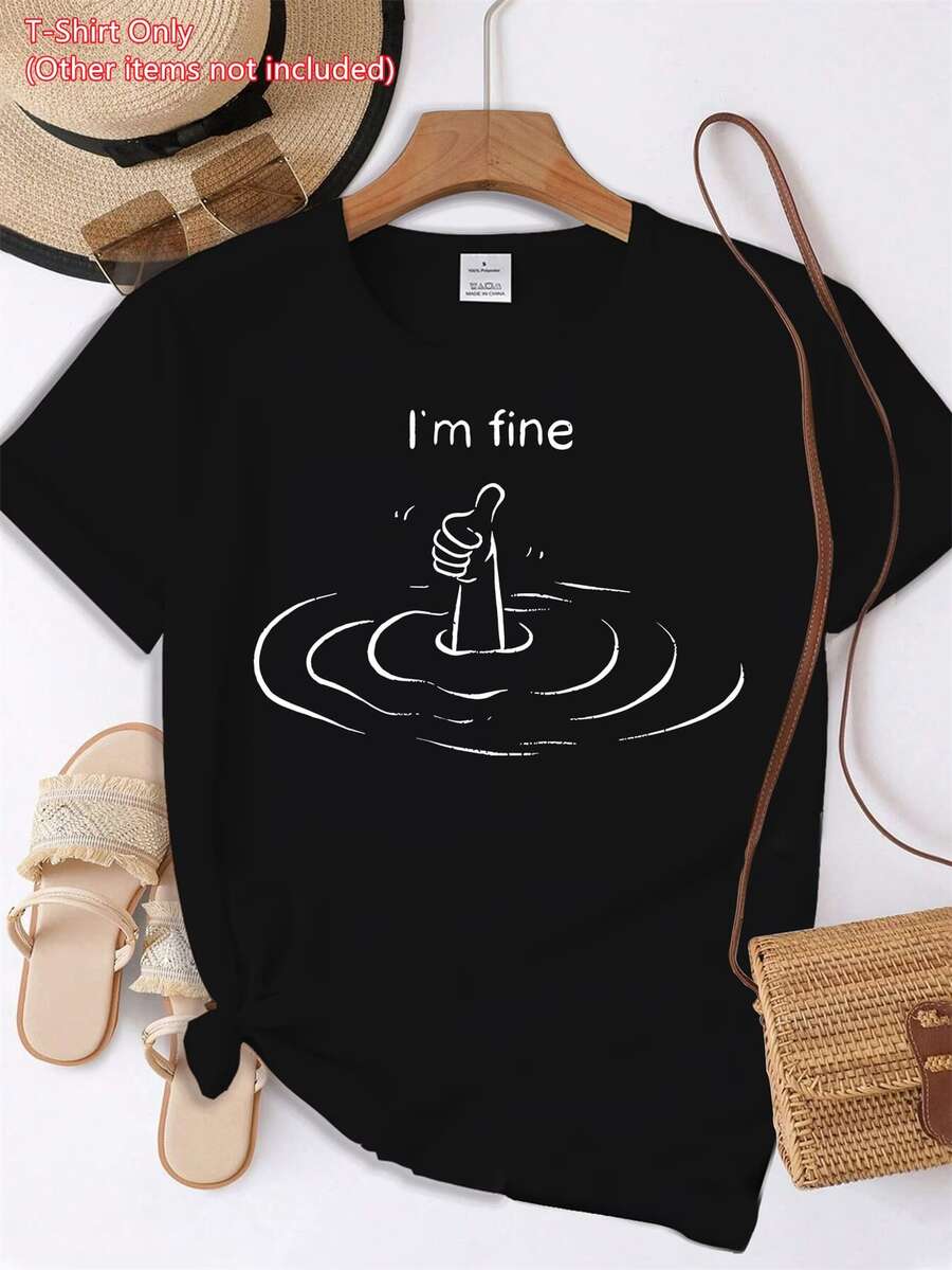 I M Fine Patterned Tshirt   Casual Round-Neck Short-Sleeve For Spring And Summer - Black - View 1
