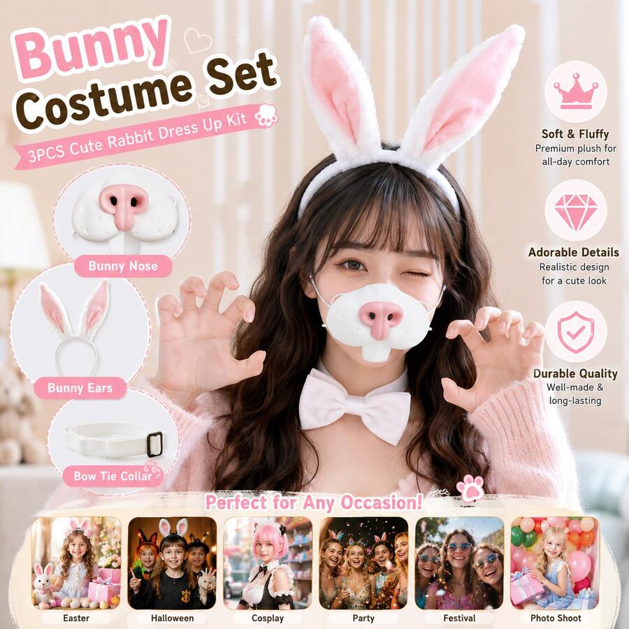 3PCS White And Pink Rabbit Costume Accessory Set, Rabbit Nose Mask, Plush Rabbit Ear Headband And Bow Tie Collar, Cute Animal Cosplay Outfit For Easter, Halloween, Holiday Party, Anime Convention, Kawaii Animal Core Fashion - Multicolor - View 1