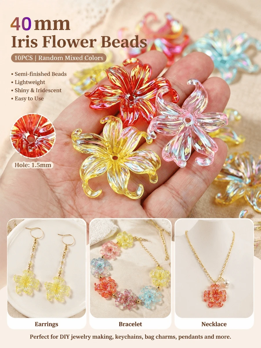 10/20/40pcs 40mm Acrylic Transparent Iridescent AB Iris Flower Handmade DIY Vintage Jewelry Accessories Loose Beads