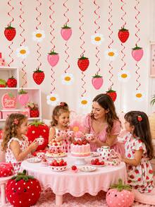 24pcs/2set-Strawberry Daisy Baby Shower Hanging Spiral Decoration, Berry Sweet One Year Old Theme Garland Set, Sweet Girl Newborn Baby Baptism Ceremony 1st Birthday Party Supplies, Red Pink Fruit Baby Wall Hanging Decoration, Strawberry Theme Party Decoration, Summer Theme Baby Shower Garland - Multicolor - View 7
