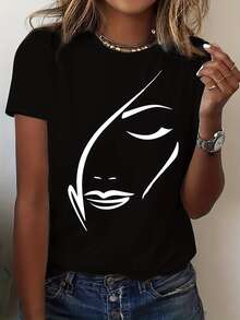 Printed Casual Stylish Versatile T-Shirt - Black - View 1