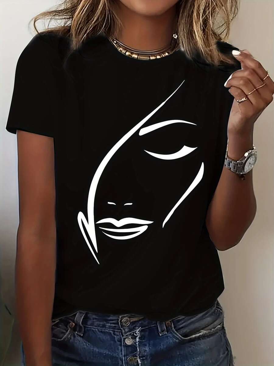 Printed Casual Stylish Versatile T-Shirt - Black - View 1