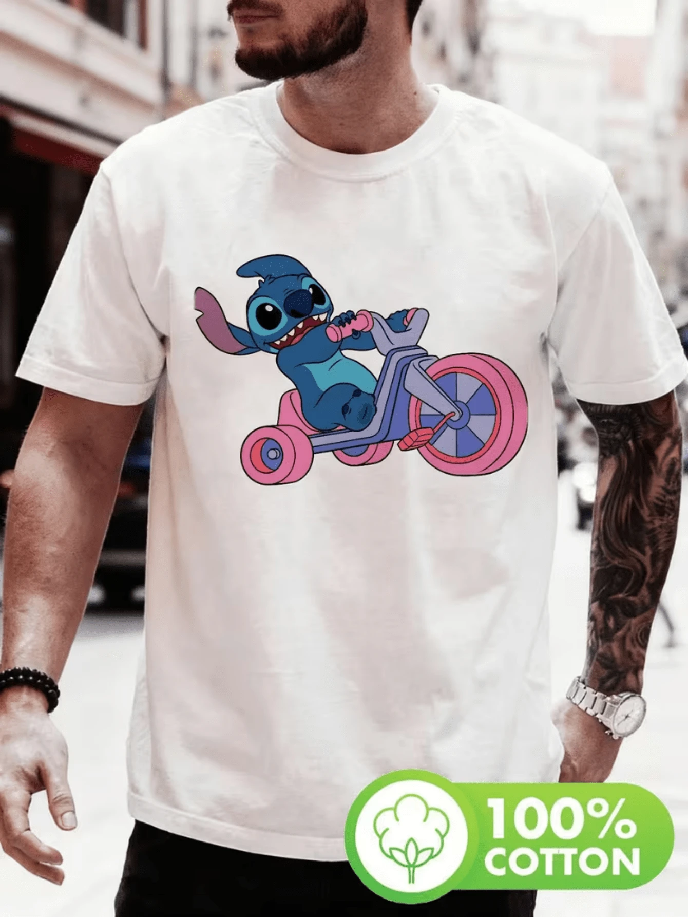 (Disney T Shirts)Stitch (Lilo & Stitch) Riding Tricycle Cute Cartoon Print 100% Cotton Crew Neck Short Sleeve Graphic Tee Men's Playful Casual Daily Versatile Comfortable Top, Mens Clothes, Men, Ropa De Hombre, Summer Clothes, Men Shirts, Graphic Tees, Disney Outfits Men, Graphic Tees, Camisetas Para Hombre, Camisas Para Hombre, Summer Outfits For Men, Father's Day Gift, Perfect Gift For Family And Friends, Which Are Necessary For Birthday Parties, Disney Shirts, Mens Clothes, Summer Clothes, Officially Licensed Disney T-Shirts, Disney Men's And Women's Spring/Summer Fashion Casual Short-Sleeve T-Shirts - trắng - Xem 1