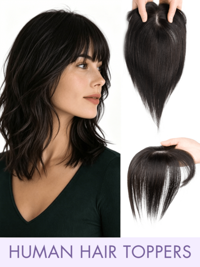 8-14 Inch Human Hair Topper With Bangs, 360° Natural Voluminous Clip-In Wig, Suitable For Women With Thin Hair Coverage, Silk Base Wig, Smooth Straight Hair Texture, A01/A02 Styles, Summer Travel And Holiday Accessory