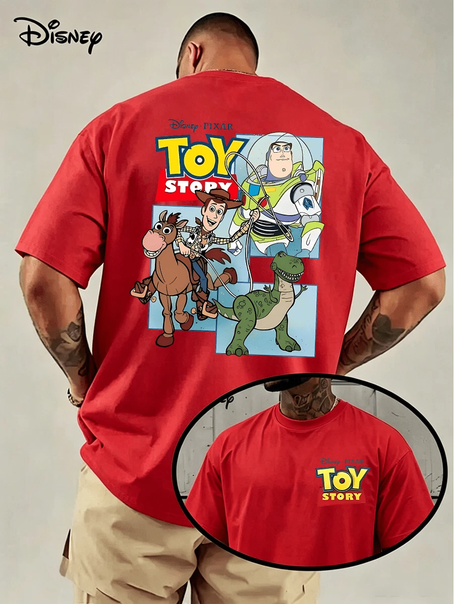 Disney Series & Toy Story T-Shirt-Woody And Buzz Lightyear Fun Linkage Pattern Printing, Casual Round Neck T-Shirt, Double-Sided Printed Design, Very Suitable For Disney Fans And Casual Clothes, Everyday T-Shirts With Interesting Patterns And Comfortable Styles. - 紅色 - 查看 1