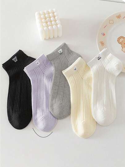 5 Pairs Spring/Summer Cartoon Bear Cute Ankle Socks, Solid Color Breathable Net Yarn Short Socks, Classic Versatile Women Socks