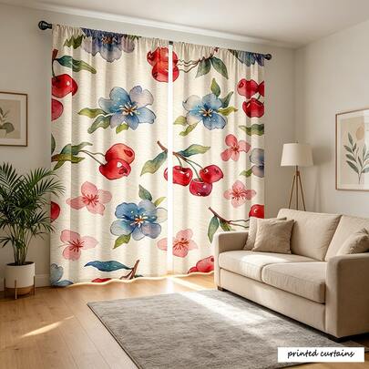 2PCS, Multicolor, Watercolor-Style Cherry And Floral Pattern, Fresh And Artistic Style, Flat Printed Curtains, 100% Polyester Fabric, Rod Pocket Style Flat Printed Two-Panel Curtains, Light Blocking Rate 0%-40%, No Lining, 90gsm, Width 180cm, Door Curtain, Floral Curtains, Window Curtains, Print Curtains, Curtains For Bedroom, Only Curtains, No Accessories Included
