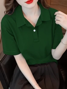 女款大尺碼經典 Polo 衫 素色短袖修身休閒日常基礎 T-shirt 上衣 - 墨綠色 - 查看 4