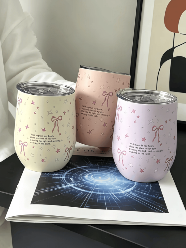 1個 12盎司 手繪粉色星星蝴蝶結圖案風格蛋杯，雙層保溫冷熱杯，便攜杯，飲具，咖啡杯，茶杯，旅行杯，適用於辦公室、戶外、旅行、學校、居家、派對，絕佳節日禮物、生日禮物、女性禮物、返校季