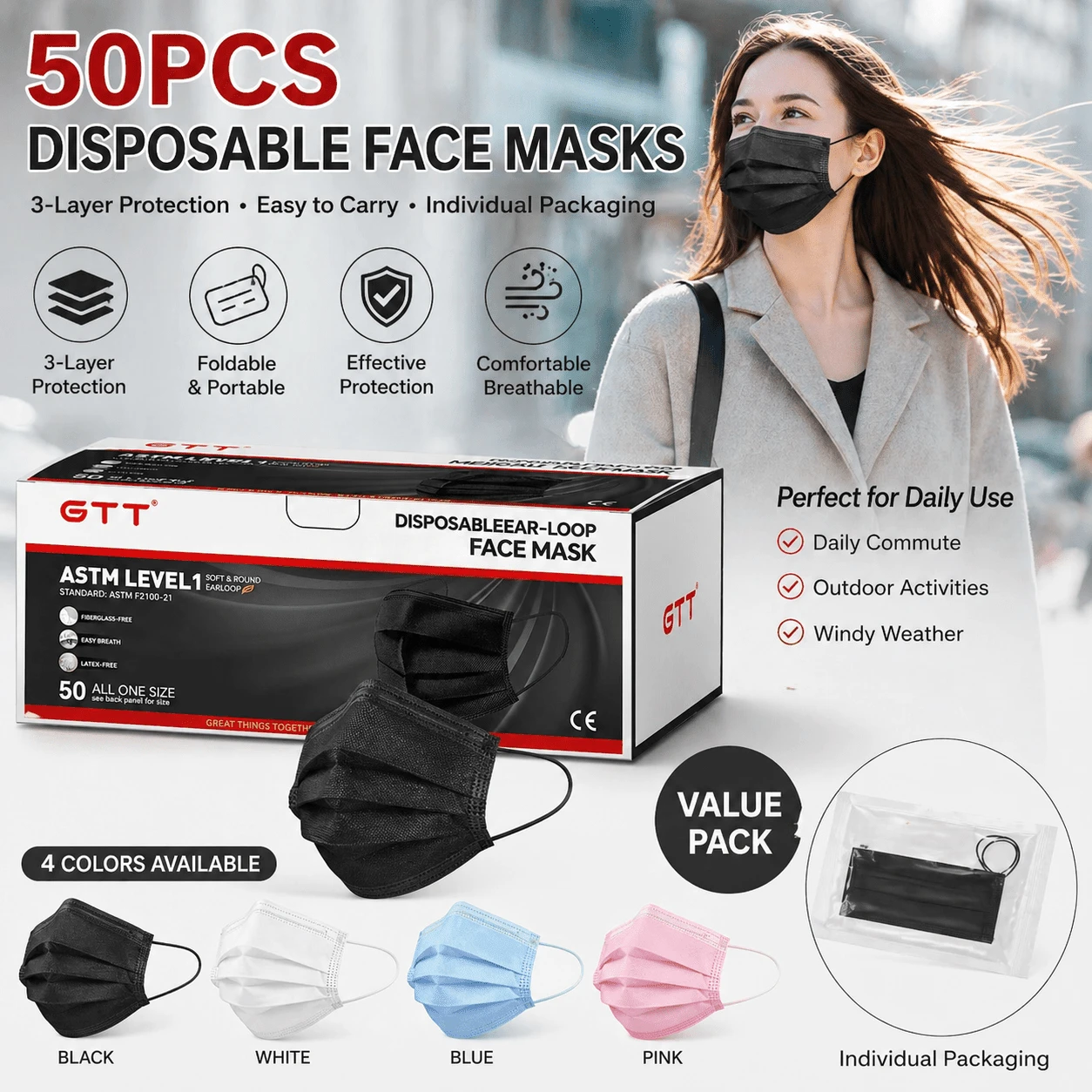 52pcs, 3-Layer Mask, Disposable Mask, Boxed, Black, White, Blue And Pink. Comfortable And Breathable, Suitable For Personal And Family Daily Use.