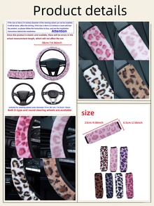 3PCS Leopard Print Fuzzy Car Steering Wheel Cover Set With 2 Seat Belt Shoulder Pads, Universal 15 Inch Winter Warm Ultra-Soft Plush Steering Wheel Protector, Non-Slip Easy Install Fashion Cute Car Interior Decor Accessories For Women Girls, 7 Colors Optional - Leopard - View 12
