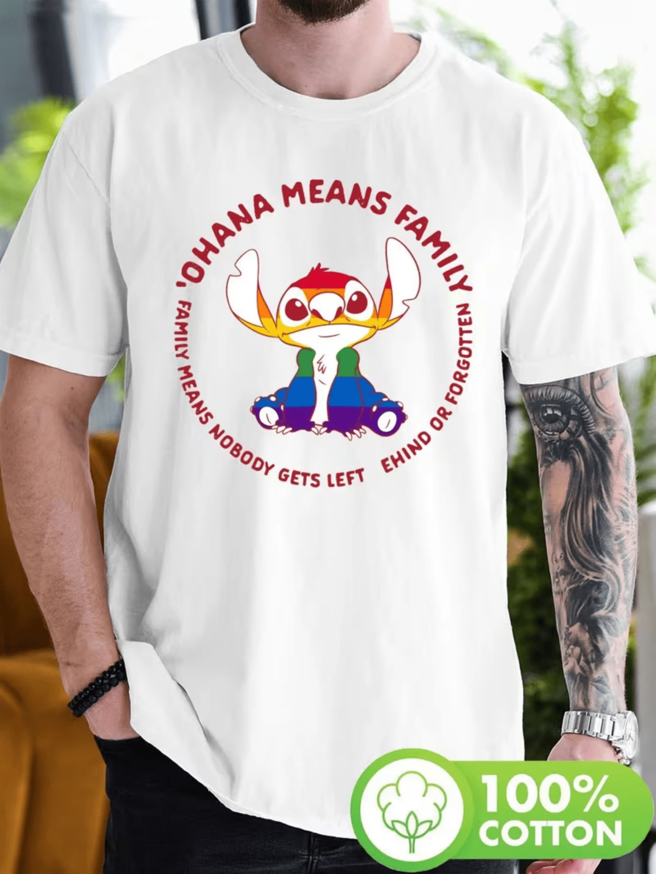 (Disney T Shirts)Stitch (Lilo & Stitch) Rainbow Pride "Ohana Means Family" Quote Print 100% Cotton Crew Neck Short Sleeve Graphic Tee Men's LGBTQ+ Support Casual Summer Top, Mens Clothes, Men, Ropa De Hombre, Summer Clothes, Men Shirts, Graphic Tees, Disney Outfits Men, Graphic Tees, Camisetas Para Hombre, Camisas Para Hombre, Summer Outfits For Men, Father's Day Gift, Perfect Gift For Family And Friends, Which Are Necessary For Birthday Parties, Disney Shirts, Mens Clothes, Summer Clothes, Officially Licensed Disney T-Shirts, Disney Men's And Women's Spring/Summer Fashion Casual Short-Sleeve T-Shirts - trắng - Xem 1