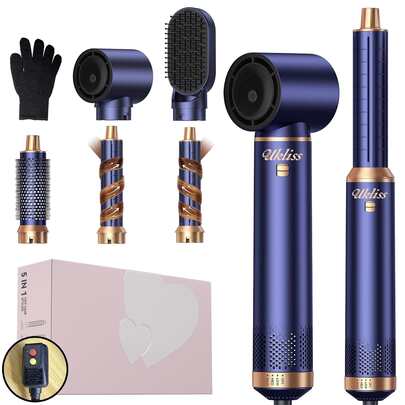 UKLISS Cepillo de peinado caliente multifunción 5 en 1 y rizador | 3 ajustes de temperatura, 5 cabezales intercambiables, crea rizos, ondas, estilos suaves | Cabezales desmontables, rizado automático | Herramienta profesional multifunción para peinar el cabello, diseño compacto y portátil | Adecuado para todos los tipos de cabello y estilos.