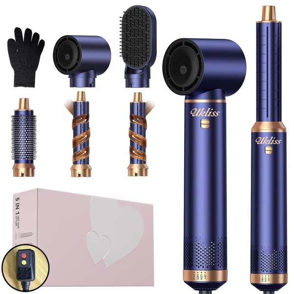 UKLISS Cepillo y tenacilla multifunción 5 en 1 | 3 ajustes de temperatura, 5 cabezales intercambiables para rizos, ondas, estilos lisos | Diseño desmontable, rizado automático | Herramienta de peinado profesional versátil, compacta y portátil