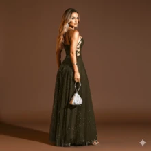 Gabi Dress With Sparkling Tulle And Crossed Side Detail - Moss Green - View 3