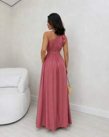 Women's Long Dress With Straps, Elegant Bow, Chic Party, Wedding, Graduation, Evangelical Fashion, Bojo - 熱帶粉紅色 - 查看 3
