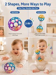 Baby Rattle Ball With Handle - Colorful Shaking Rolling Sensory Toy, Easy-To-Grip Baby Rattle Ball - Multicolor - View 6