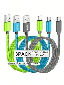 3条装 USB-A 转 USB-C 快速充电数据线 [1米/2米/3米] 尼龙编织 Type-C 同步线。兼容三星 Galaxy A14 5G/A13/A54/A53/A23/A24/A03s/S23/S22 Ultra/S21/S20；也兼容 16/15 系列和各种安卓智能手机。适用于 Type-C 充电器。 - 彩色 - 查看 32