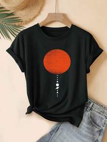 Round Pattern Print Women's Casual Round Neck Spring Summer Autumn Short Sleeve T-Shirt - Black - View 1