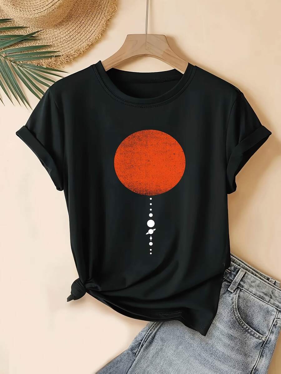 Round Pattern Print Women's Casual Round Neck Spring Summer Autumn Short Sleeve T-Shirt - Black - View 1