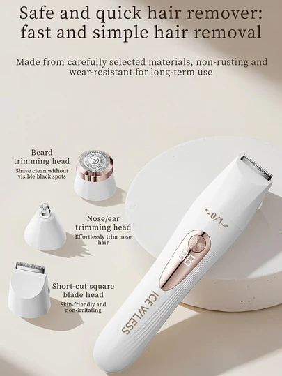 3-In-1 Multipurpose Electric Grooming Kit - Women's Beauty Shaver, Underarm Trimmer, Electric Nose Hair Trimmer, Interchangeable Heads For Wet/Dry Use On Bikini Area, Eyebrows, Nose, Face, Legs, Underarms, Portable Cordless Design With Battery Level Indicator, Great Gift For Women