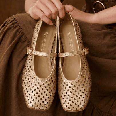 LAZZLU SHOES Sapatilha Feminina Vazada Boneca Bico Quadrado Confortável Mocassim Mary Jane