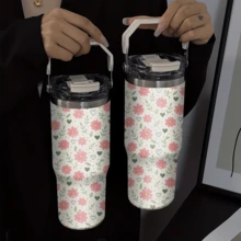 1/5個 30盎司保溫旅行隨行杯，柔粉色雛菊迷你愛心圖案，可折疊攜帶把手，雙功能防漏杯蓋，可重複使用不鏽鋼杯，適合花卉愛好者年輕女性的節日與生日禮物 - 白底粉花 - 查看 4