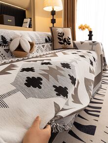 1pc All-Season Bohemian Non-Slip Sofa Cover, High-Weight Chenille Material, Premium Geometric Pattern Sofa Throw, Pet-Friendly Machine Washable Sofa Protector, Tassel Trim Vacation Blanket, Suitable For 1/2/3/4 Seater And Sectional Sofas, Perfect For Living Room Bedroom Sofa Decor, Home Decor Supplies - Chocolate Brown - View 8