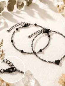 2pcs Minimalist Black Heart Charm Double Layer Anklet, Beach Vacation Chain Foot Jewelry For Women, Summer Y2K Boho Ankle Bracelet - Black - View 3