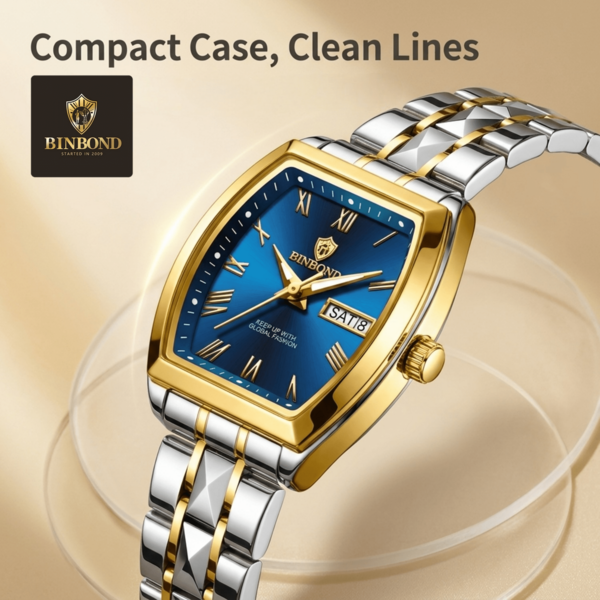 BINBOND Luxury Barrel-Shaped Dial Women's Watch, Luminous Hands, Dual Calendar Display, Stainless Steel Strap, Butterfly Clasp, Fashionable Quartz Watch, High-Quality Waterproof Watch, Elegant Ladies' Watch, Top Brand, Original Genuine Product, Brand New Luxury, Charming Design, High-End Business Watch, Suitable For Daily Life, Work, Party Decoration, Birthday, Festival, Vacation, Party, Banquet, Mother's Day, Valentine's Day, Wedding, Engagement, Gift And Other Formal Occasions.