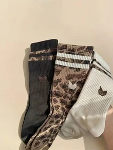 3双豹纹船袜，男女通用休闲条纹中筒袜 - 彩色 - 查看 3