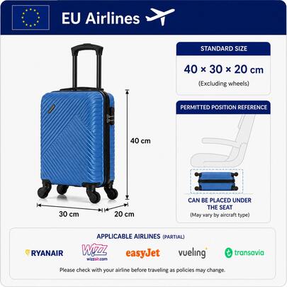 Valigia da cabina Ryanair di piccole dimensioni, 40x30x20 mm, realizzata in materiale ABS, con ruote rimovibili. Adatta per viaggi e per l'utilizzo in