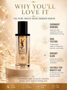 Tinh chất dưỡng da ban đêm YSL Pure Shots Night Reboot Serum, 30ml (dung tích lớn) / 7ml (dung tích du lịch) / 10 chai mini 1ml, kết cấu dầu-nước kép, thấm nhanh, ổn định và tái tạo da, làm sáng và tăng cường độ rạng rỡ, dưỡng ẩm sâu, phục hồi hàng rào bảo vệ da, cải thiện tình trạng da xỉn màu, kết cấu nhẹ không nhờn rít, phù hợp với mọi loại da, đặc biệt là da xỉn màu, nhạy cảm và hỗn hợp. Sử dụng ban đêm và hàng ngày, quà tặng ngày lễ Giáng sinh, Valentine. - Tinh chất dưỡng da ban đêm YSL Saint Laurent Night Queen - Xem 8