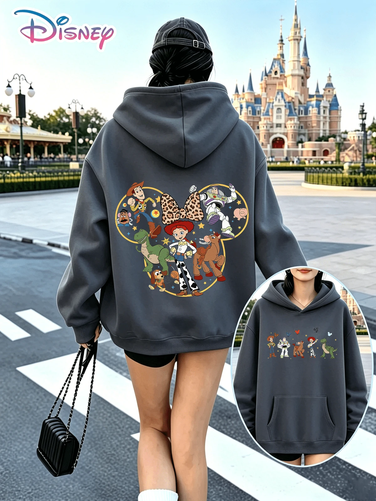 Disney Toy Story Woody, Buzz Lightyear, Jessie, Mickey Mouse Leopard Print Bow Tie Retro Print Sweatshirt. The Loose Fit Is Sweet, Cool, And Youthful, Suitable For Everyday Outings, Commuting To School, And Disneyland Outfits. (Women's Autumn/Winter Clothing/Elegant Women's Outfits/Patterned Hoodies/Printed Tops/Casual Outfits For Women/Women Trending Now/Holiday Co-Ord/Plus Size Friendly) - Dark Grey - View 1