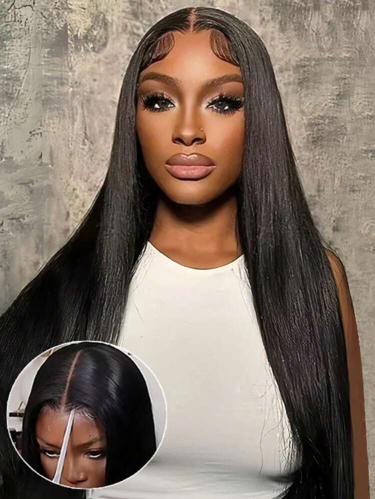 200% Density Natural Straight Hair 13x4 HD Transparent Lace Front Wig, Mixed Hair Texture , Straight Lace Front Wig 8-34 Inches Pre-Cut Baby Hair, Suitable For Women's Daily Use - Natural & Black - View 12