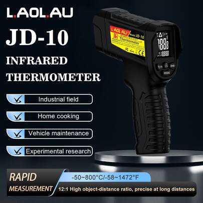 L.A.OL.A.U 1 ks LAOLAU JD-10 bezdotyková infračervená teplomerná pištoľ, -50 °C až 800 °C, laserová teplomerná pištoľ s pomerom 12:1, nastaviteľná emisivita, podsvietený displej, funkcia Data Hold, automatické vypínanie a vysoký/nízky alarm, na BBQ, pizzovú pec, automobilovú techniku a HVAC, nie na telo