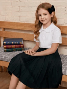 Girls' School Style A-Line Skirt, Comfortable Elastic Waist, Pleated Design, High-Waisted, Versatile For School, Party And More Occasions, Spring/Summer - Black - View 3