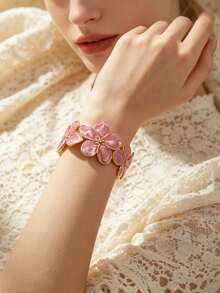 3 PIEZAS Pulseras de acero inoxidable para mujer con diseño minimalista de moda vintage elegante, forma de flor de plumeria/flor de cuatro hojas asimétrica, adecuadas para uso diario/fiesta/banquete nocturno/desplazamiento/té de la tarde/pueden ser un regalo festivo para seres queridos - Amarillo Oro - Ver 6