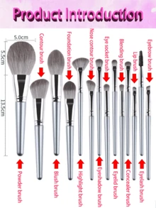 14pcs Portable Multi-Functional Makeup Brush Set, Suitable For Beginners, Makeup Brushes, Brush Set, Makeup Brush Set, Complete Makeup Kit, Makeup Brush Set, Full Makeup Tool Kit, Brush Set, Makeup Brush Set, Professional Makeup Brushes, Complete Makeup Kit - Silver - View 2