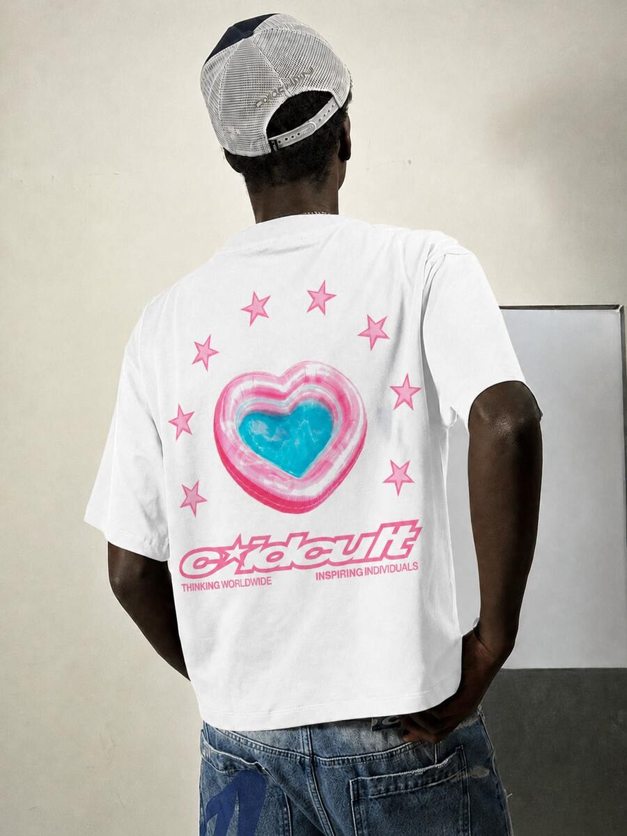 OVDY Camiseta unissex vintage com estampa de coração, tamanho grande, modelagem solta, ideal para festivais de música. - Branco - Ver 1
