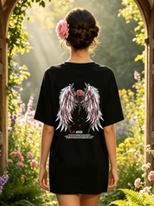 Women's Summer Casual Soft Round Neck Short Sleeve T-Shirt,Rose Wings Print Graphic Suitable For Casual Spring And Summer Wear. - Negro - Ver 4